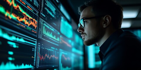Fototapete - Financial analyst reviewing risk management data on a digital platform secure and detailed interface