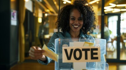 American woman casting vote with smile at polling station during political election, exercising her civic duty and engaging in democratic process.