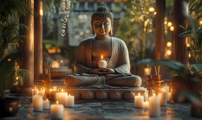 A peaceful 3D Buddha in a meditative pose, surrounded by candles and incense, with detailed textures and warm, calming light creating a serene ambiance