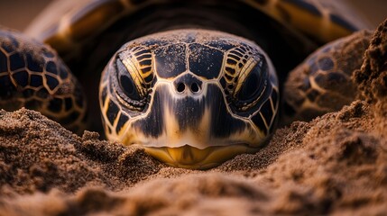 Wall Mural - Close up view of a sea turtle slowly and methodically covering its freshly laid eggs with soft sand on a serene pristine tropical beach preserving the nest for the next to hatch