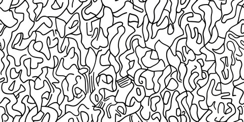 Hand drawn fun playful trendy childish squiggly doodle drawing line art pattern. Seamless abstract chaotic ink pen or marker scribble texture backdrop. Bold black lines isolated on white background.