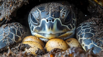 Wall Mural - Closeup shot of a sea turtle delicately arranging each egg in its sandy nest on the beach  The turtle s flippers and shell are visible as it carefully constructs its nesting site