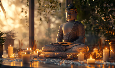 Sticker - A peaceful 3D Buddha in a meditative pose, surrounded by candles and incense, with detailed textures and warm, calming light creating a serene ambiance