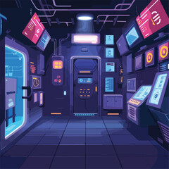 Wall Mural - futuristic spaceship interior background sci fi room corridor illustration cartoon style with comput