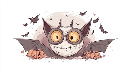 A whimsical illustration of a cheerful bat character with large glasses, perfect for Halloween and festive decorations.