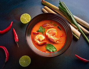 Wall Mural - A bowl of tom yum soup. The concept of Thai cuisine. Black background. Top view.