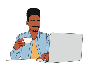 black business man sitting at the desk, working on laptop, drinking morning coffee. young african am