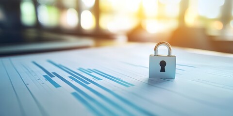 Fototapete - Close-up of a private financial report with a padlock icon and blurred background, emphasizing confidentiality and protection of sensitive data