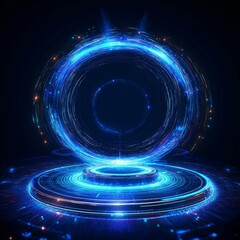 Wall Mural - blue hologram portal magic circle teleport podium with hologram effect. technology background and ab