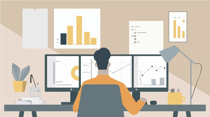 Businessman analyzing data on multiple computer screens at desk office workplace workspace business analytics data analysis financial analysis trading stock market investment modern office worker