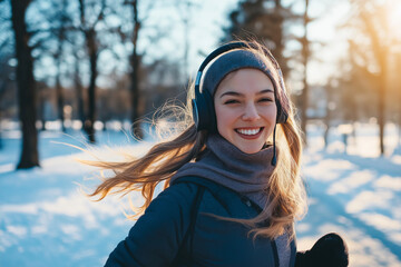 Wall Mural - A woman wearing a bright orange jacket and gloves is smiling in the snow