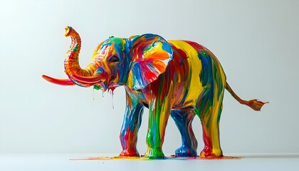 Wall Mural - Colorful Painted Elephant Figure with Dripping Liquid Effect on White Background