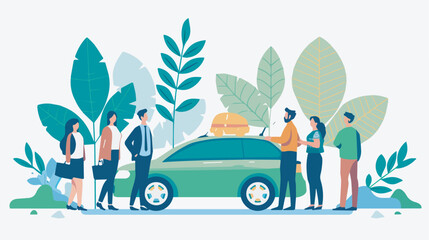 Group of people carpooling together modern flat design illustration concept for sustainable lifestyle eco friendly transport commuting to work sharing ride service colleagues going to office by car