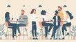 © Graphic Dude - Diverse people enjoying coffee break in modern cafe interior flat vector illustration friends meeting in cafeteria coworkers drinking beverages at lunch time communication and friendship concept