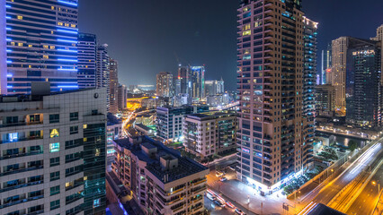 Wall Mural - Aerial view of Dubai Marina from a vantage point night timelapse.