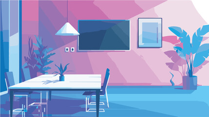 Sticker - Modern dining room interior design with furniture houseplants minimal style trendy colors nobody home apartment decoration illustration