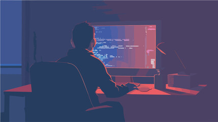 Programmer Working Late Night Coding Software Development Technology Computer Desk Office Work From Home Dark Minimalist Illustration