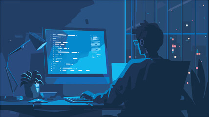 Programmer working late night coding software developer technology computer programming dark office desk city view