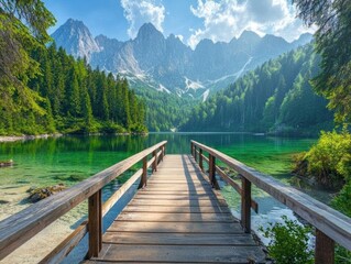 Canvas Print - Scenic Mountain Lake with Wooden Bridge