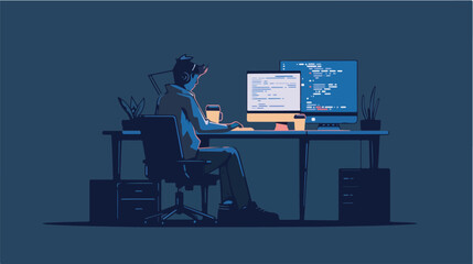 Programmer working late night coding programming software engineer developer technology computer work office desk business freelancer home dark code