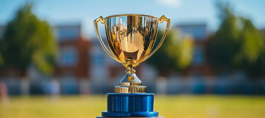 football trophy award with bokeh soccer field background. generative ai technology.