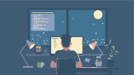 Programmer working late night coding software development office desk computer screen moonlit window workaholic deadline project technology freelance programming overtime concentration night shift