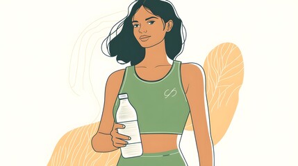 Wall Mural - Drawing style, a woman in a green tank top holding a water bottle at waist level, against a white background, with simple lines, a vector illustration, and a flat design, doodle style