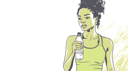 Drawing style, a woman in a green tank top holding a water bottle at waist level, against a white background, with simple lines, a vector illustration, and a flat design, doodle style