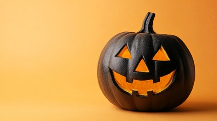 a black jack-o'-lantern pumpkin with a classic carved face, set against a solid orange background