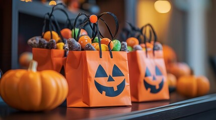 Wall Mural - Halloween goodie bags filled with candy, placed on a table, festive style, close-up, soft lighting, vibrant colors, high detail