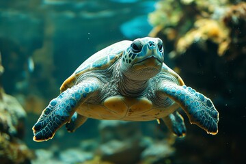 Canvas Print - Sea Turtle Swimming Underwater with Blurry Background