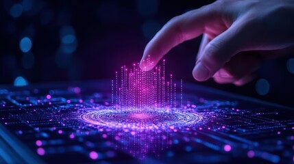 A futuristic hand interacting with digital data on a touchscreen, showcasing vibrant technology and advanced connectivity.