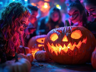 Wall Mural - Pumpkin carving contest with participants in costumes, set in a dark room, festive style, wide shot, soft lighting, vibrant colors