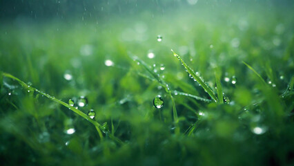 close-up of fresh green grass background, glistening with rainwater.