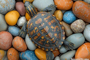 Wall Mural - A Turtle Resting on a Bed of Smooth Stones