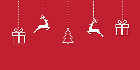 Wall Mural - hanging icons, deer, gift box, christmas tree on red background, christmas pattern, simple winter holiday design, vector illustration