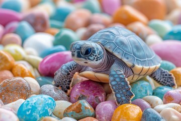 Wall Mural - Small Turtle Resting Among Colorful Pebbles