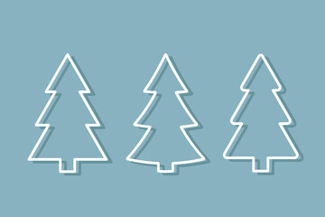 Wall Mural - evergreen conifer white line icon set, fir, spruce tree, set of three simple vector elements on blue