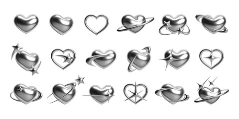 Wall Mural - 3d metallic chrome hearts set with futuristic y2k elements. glossy silver hearts in various shapes, 