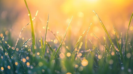 Wall Mural - Dew on grass blades glistening in the morning sun, fresh weather, nature awakening