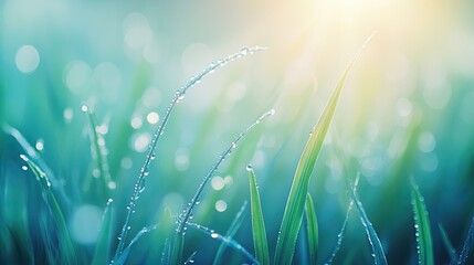 Dew on grass blades glistening in the morning sun, fresh weather, nature awakening