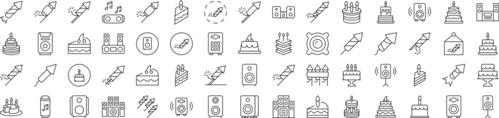 Wall Mural - Bundle of Line Icons of Holiday, Party, Fireworks, Cooks and Stereo. Editable Stroke. Minimalistic Linear Pictogram for Design of Cards, Apps, Banners, Posts