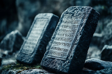 Ancient stone tablets with inscribed commandments, representing a historical and religious symbol of moral and ethical guidelines.