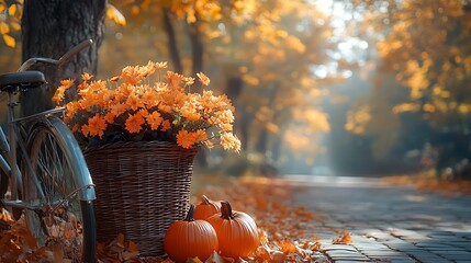 A peaceful autumn day with a vintage bicycle leaning against a tree, the basket filled with pumpkins and bright fall flowers. The warm light of the setting sun creates long shadows and a cozy,