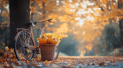 A peaceful autumn day with a vintage bicycle leaning against a tree, the basket filled with pumpkins and bright fall flowers. The warm light of the setting sun creates long shadows and a cozy,