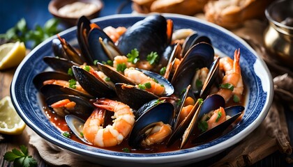 Wall Mural - Homemade Italian Seafood Cioppino with Mussels, Clams, and Shrimps
