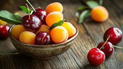 Canvas Print - Cherries and Apricots in a Rustic Bowl