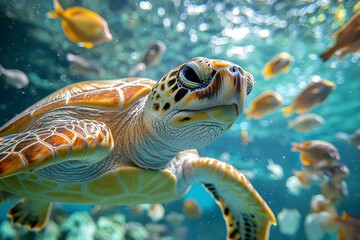 Poster - Close-up of a Sea Turtle Swimming in a Tank