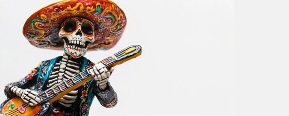 Day of the Dead skeleton in a mariachi suit playing a guitar, isolated on a white background. A banner with a copy space area, featuring Mexican-style decoration, die de los muertos