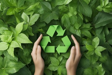 Hands hold a green recycling symbol above lush green leaves, signifying environmental conservation and sustainability, Useful for eco-friendly campaigns, recycling promotions